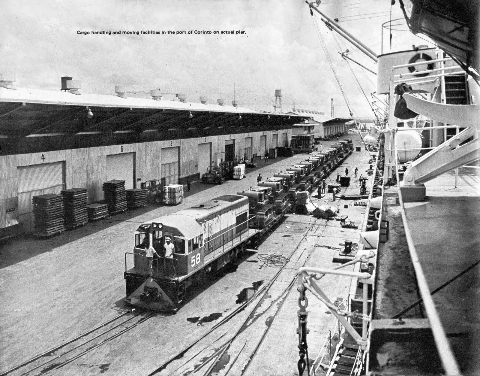 locomotive No.58 at Corinto pier with 11+ bulldozers year 1956
